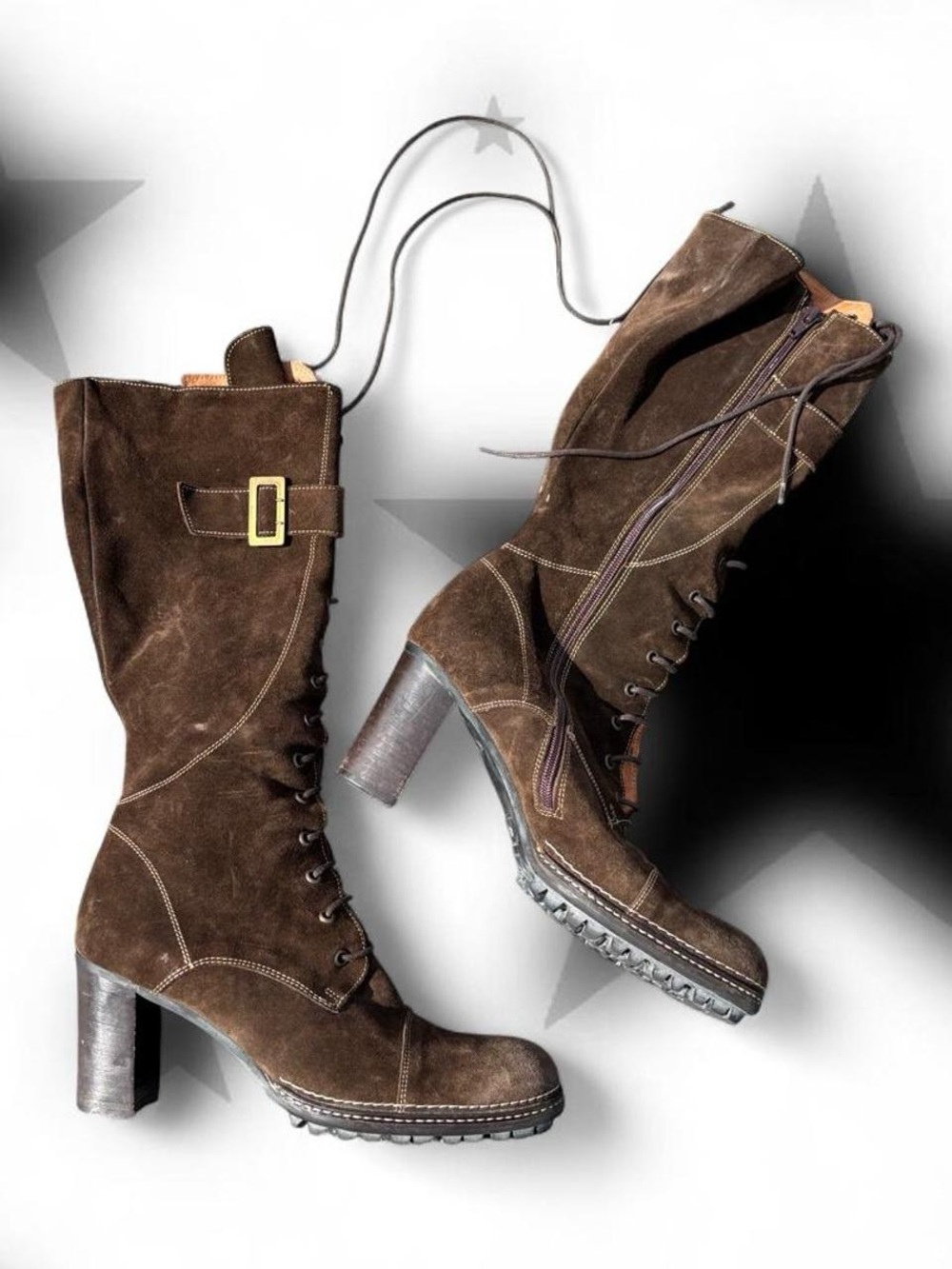 Italian Dark Brown Suede Lace-Up Mid-Calf Heel Boots